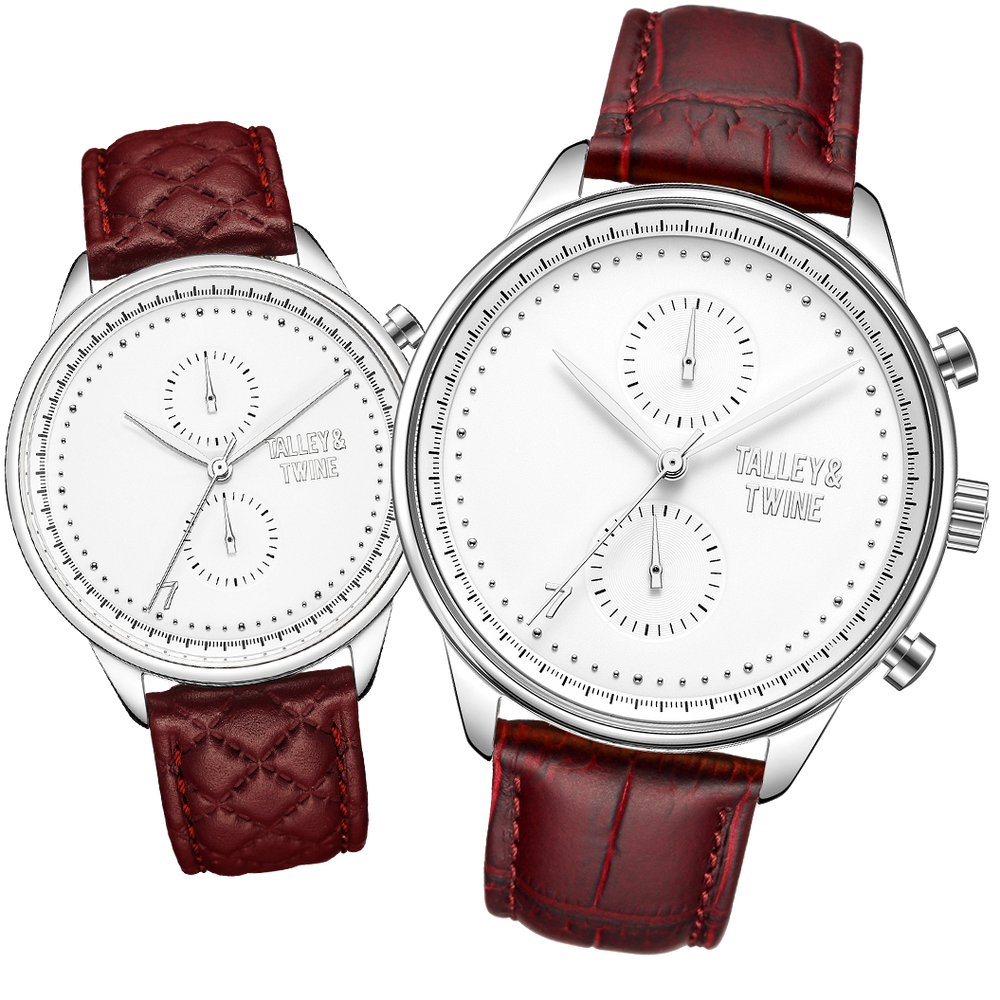 His & Her Gift Set: 46mm + 41mm Silver & White w/ Burgundy Leather Band