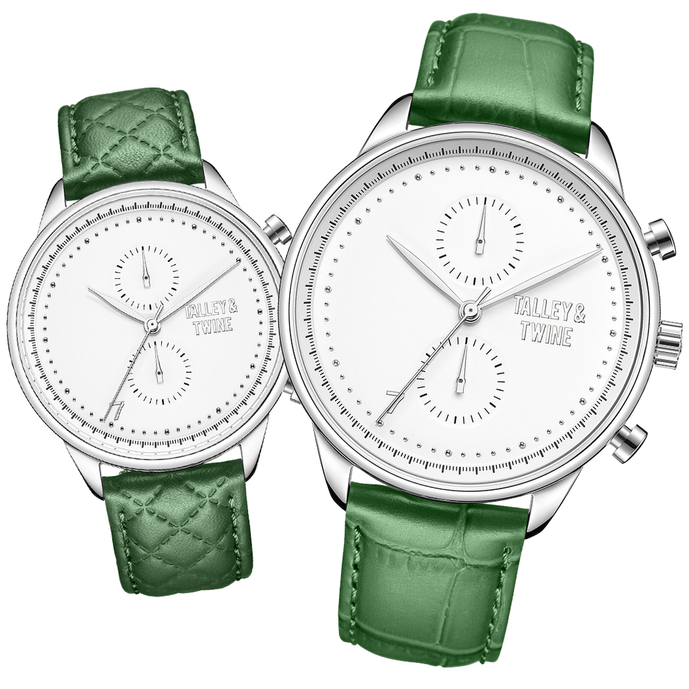 His & Her Gift Set: 46mm + 41mm Silver & White w/ Green Leather Band