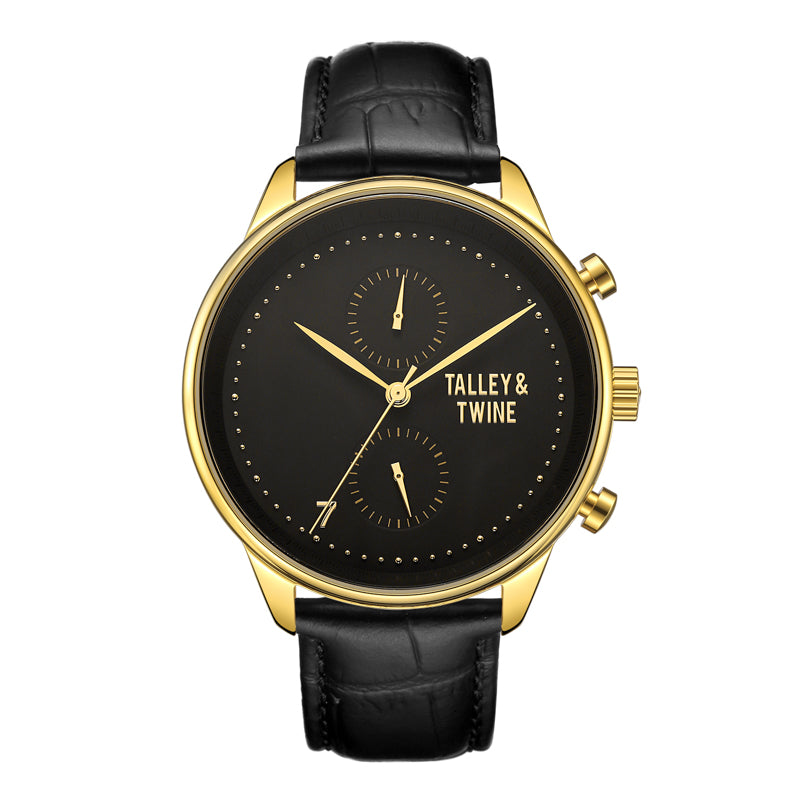 Gold Black Worley Chronograph Watch Black Leather Talley Twine Watch Company