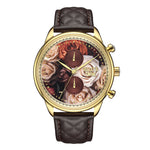 Mahogany Rose watch with a gold-tone case, floral dial featuring roses, and a brown leather strap.