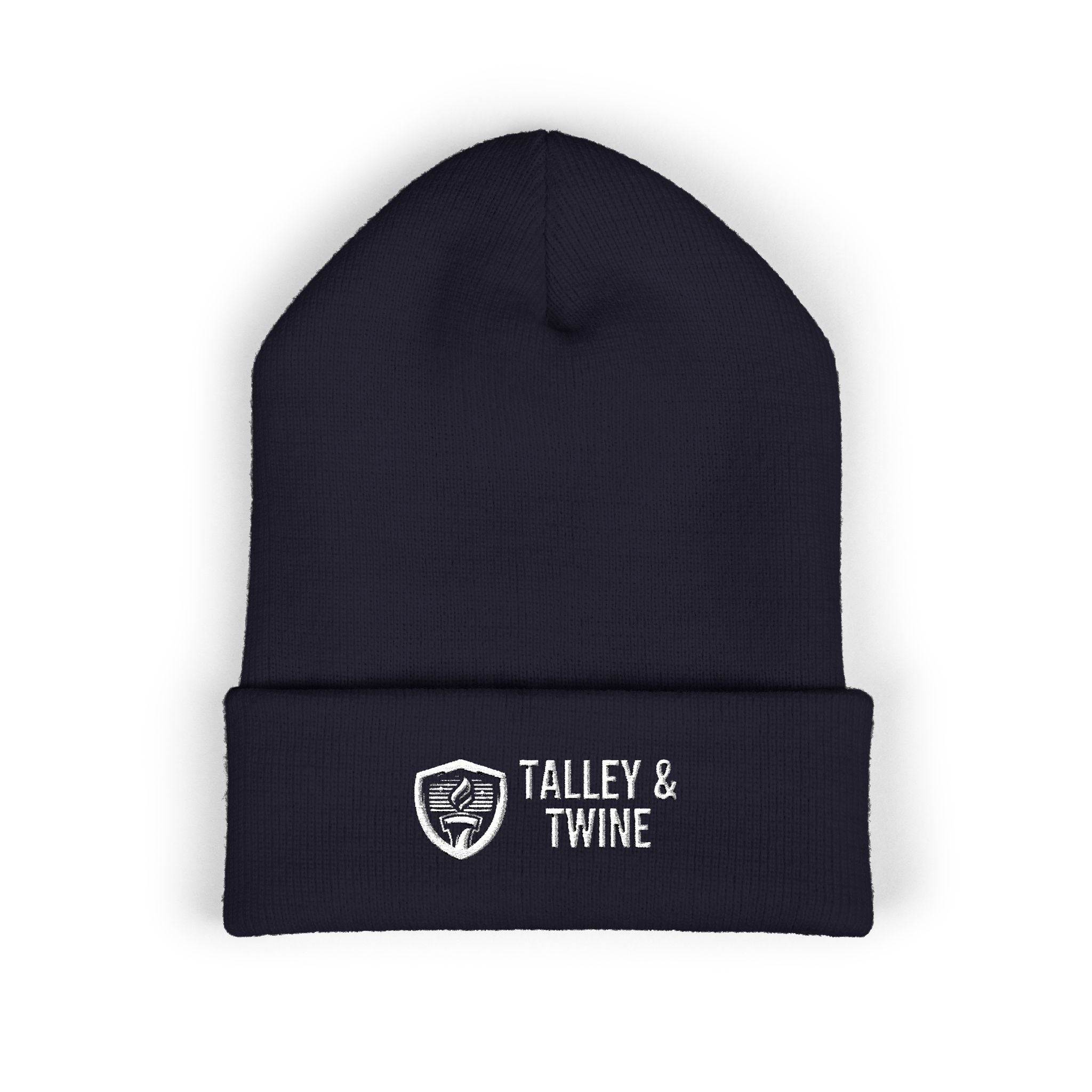 Talley & Twine Embroidered Cuffed Beanie — Classic Black Knit Hat