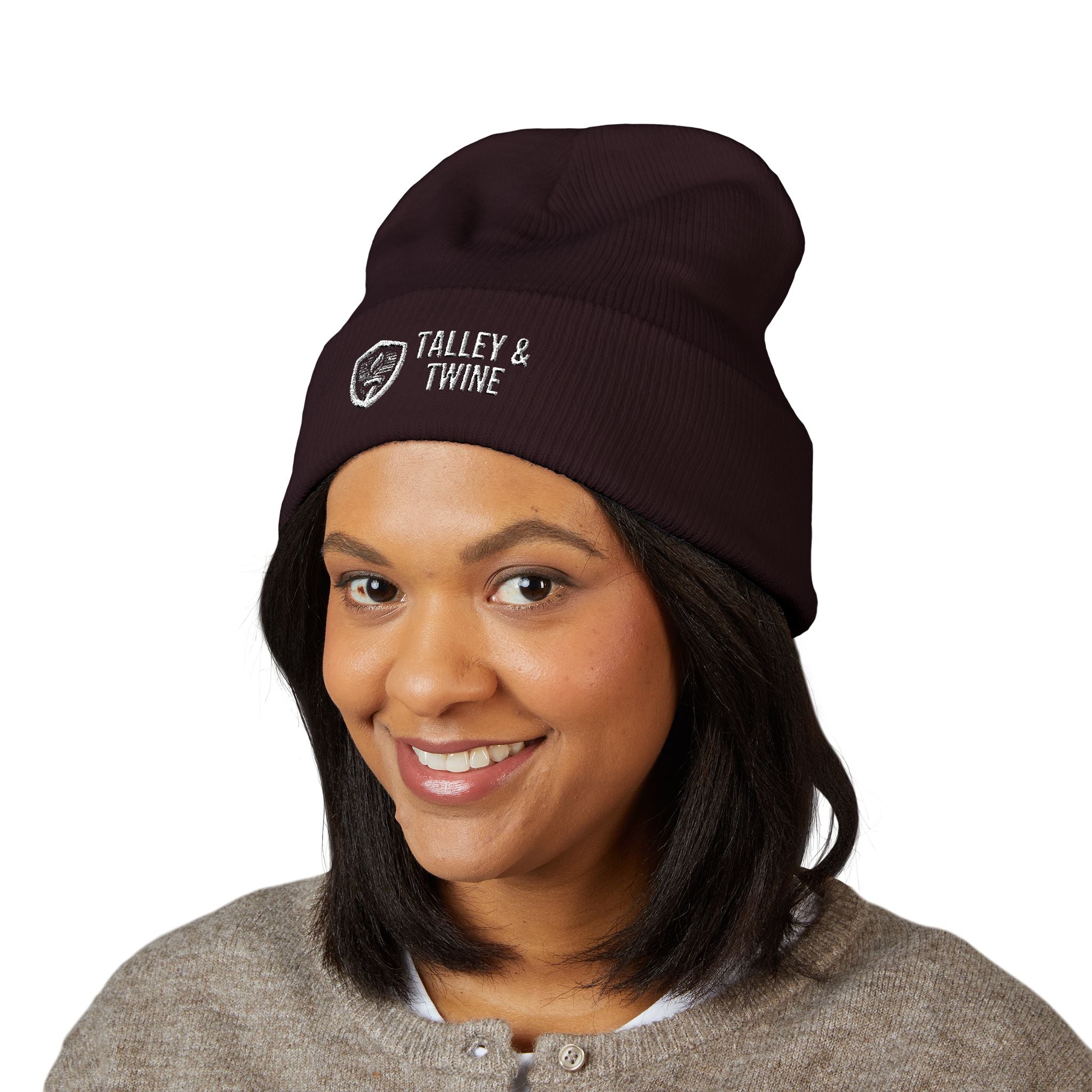 Talley & Twine Embroidered Cuffed Beanie — Classic Black Knit Hat