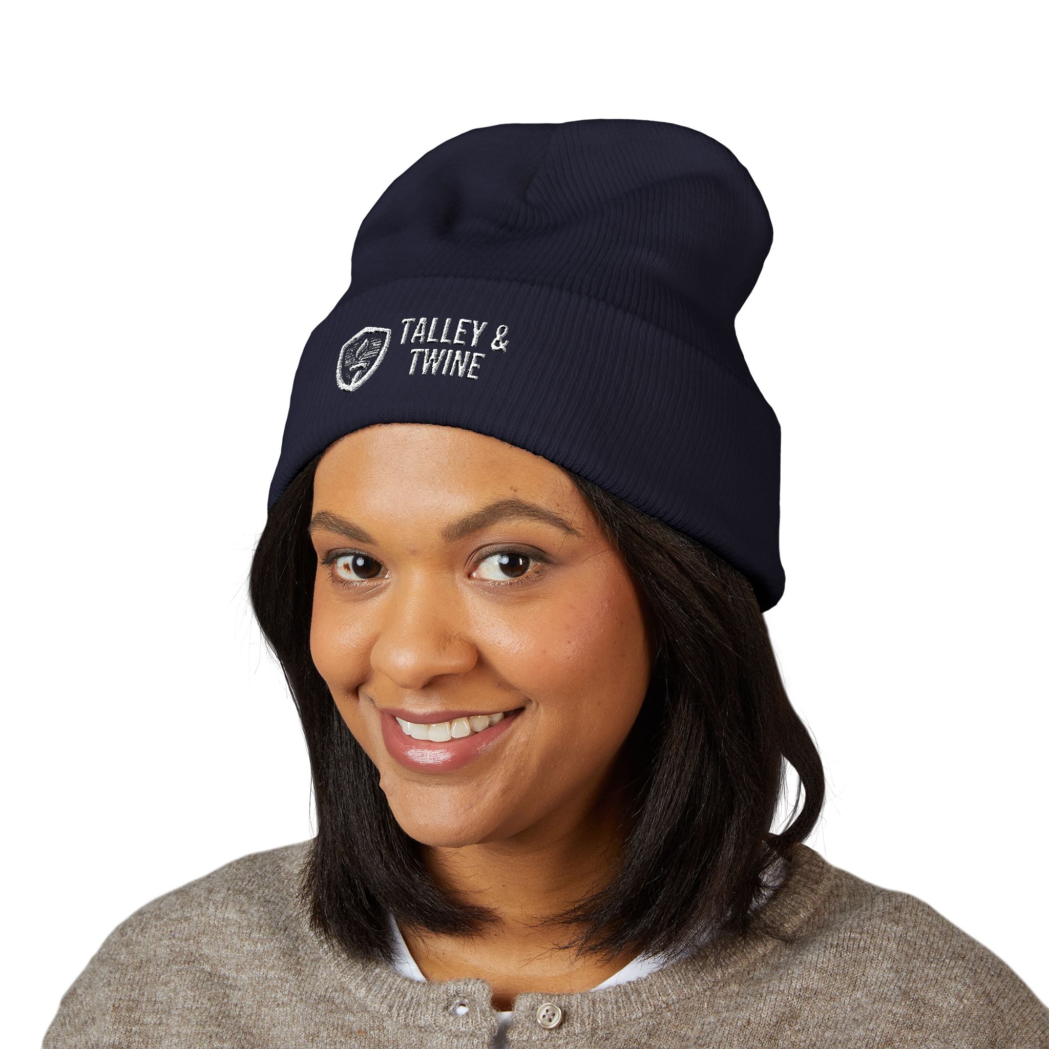 Talley & Twine Embroidered Cuffed Beanie — Classic Black Knit Hat