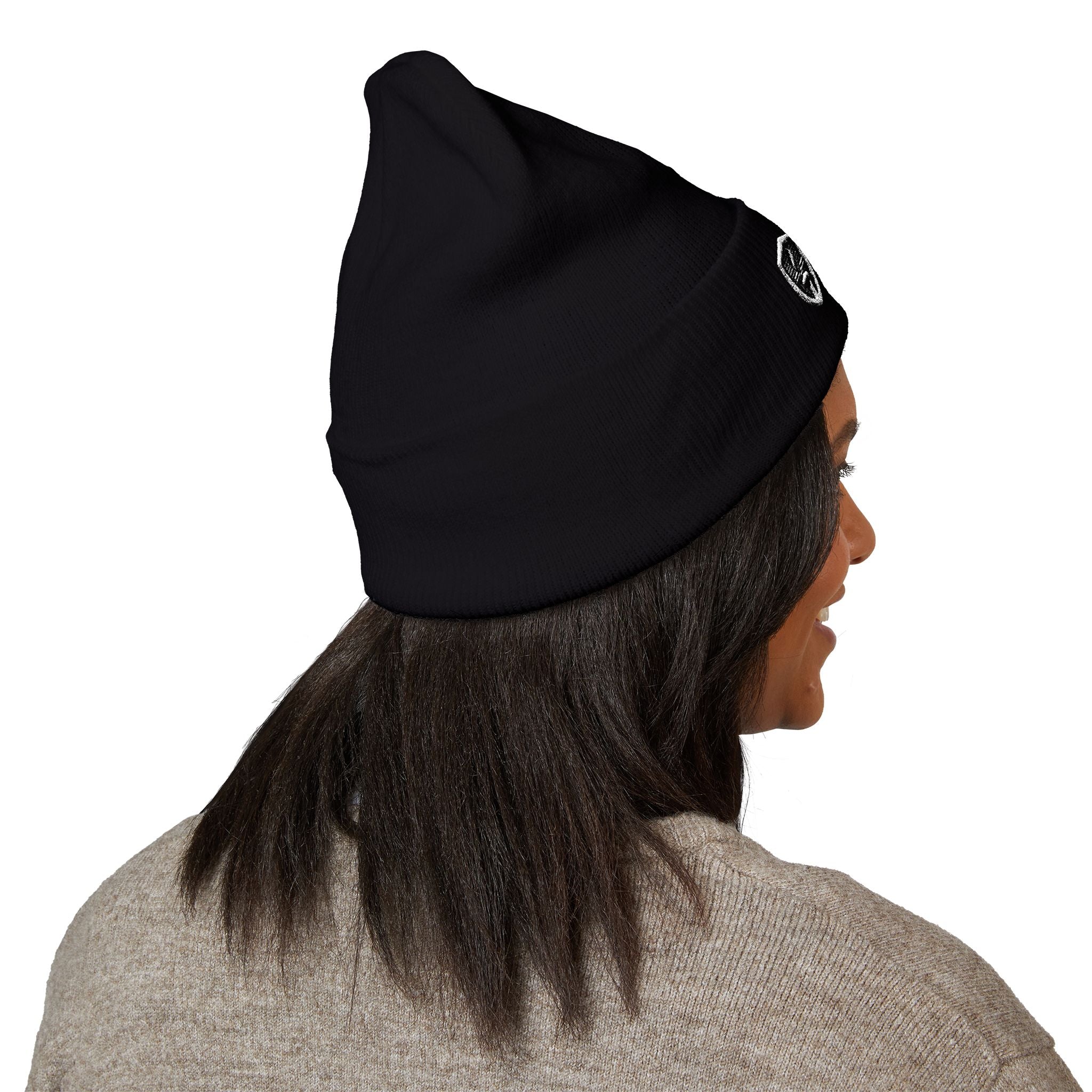 Talley & Twine Embroidered Cuffed Beanie — Classic Black Knit Hat