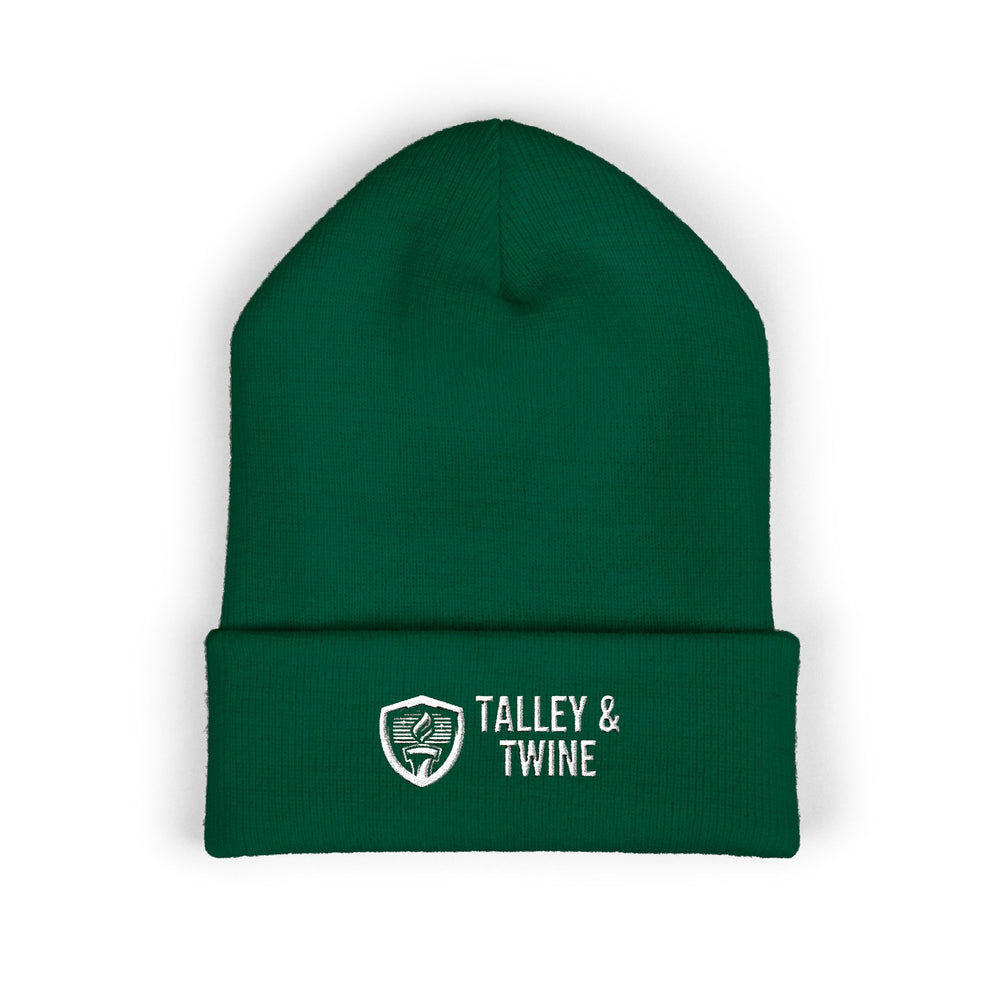 Talley & Twine Embroidered Cuffed Beanie — Classic Black Knit Hat