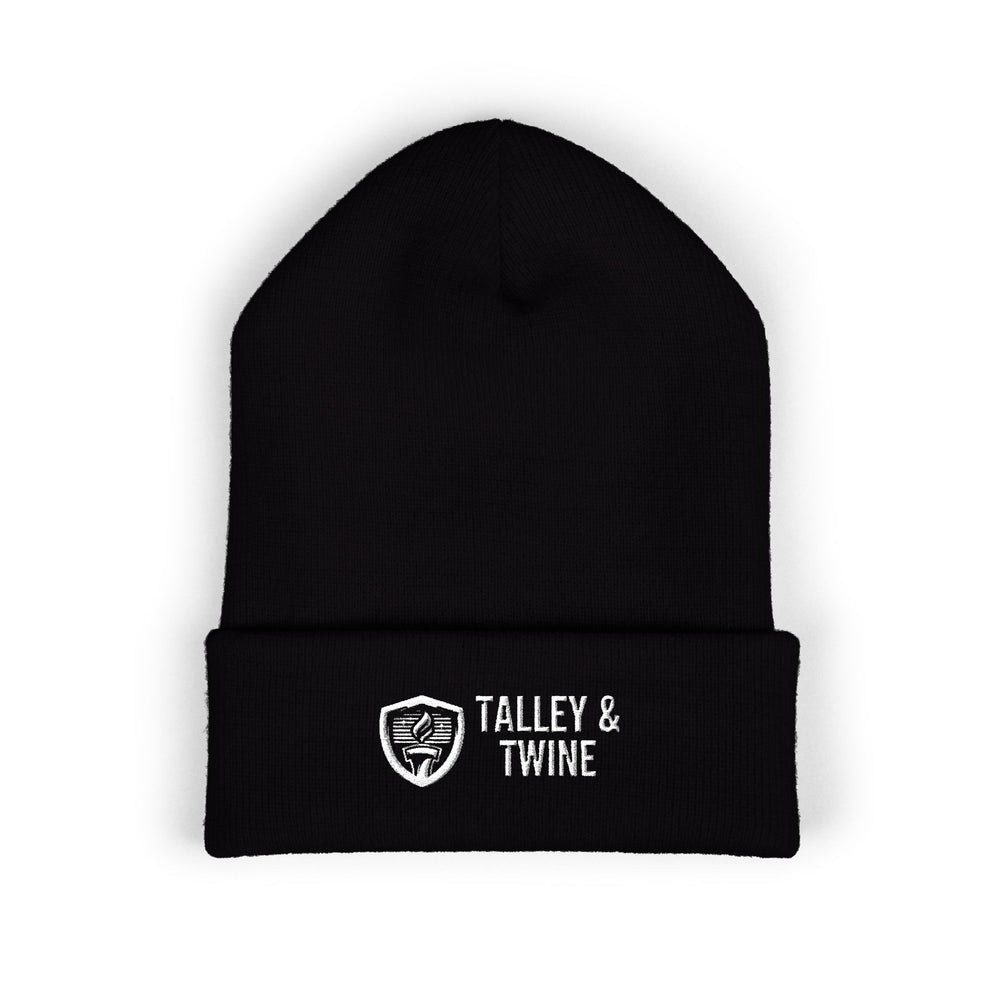 Talley & Twine Embroidered Cuffed Beanie — Classic Black Knit Hat