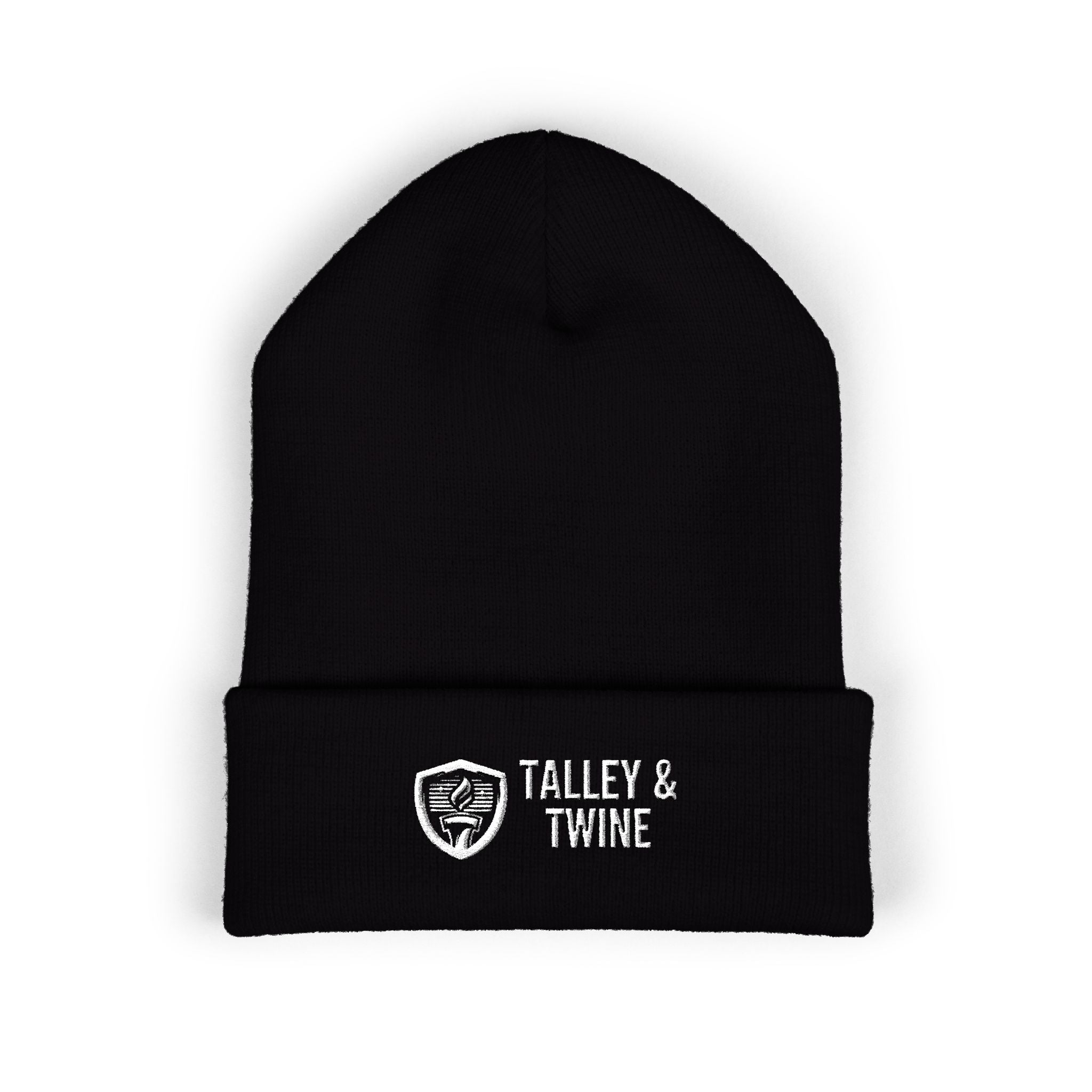 Talley & Twine Embroidered Cuffed Beanie — Classic Black Knit Hat