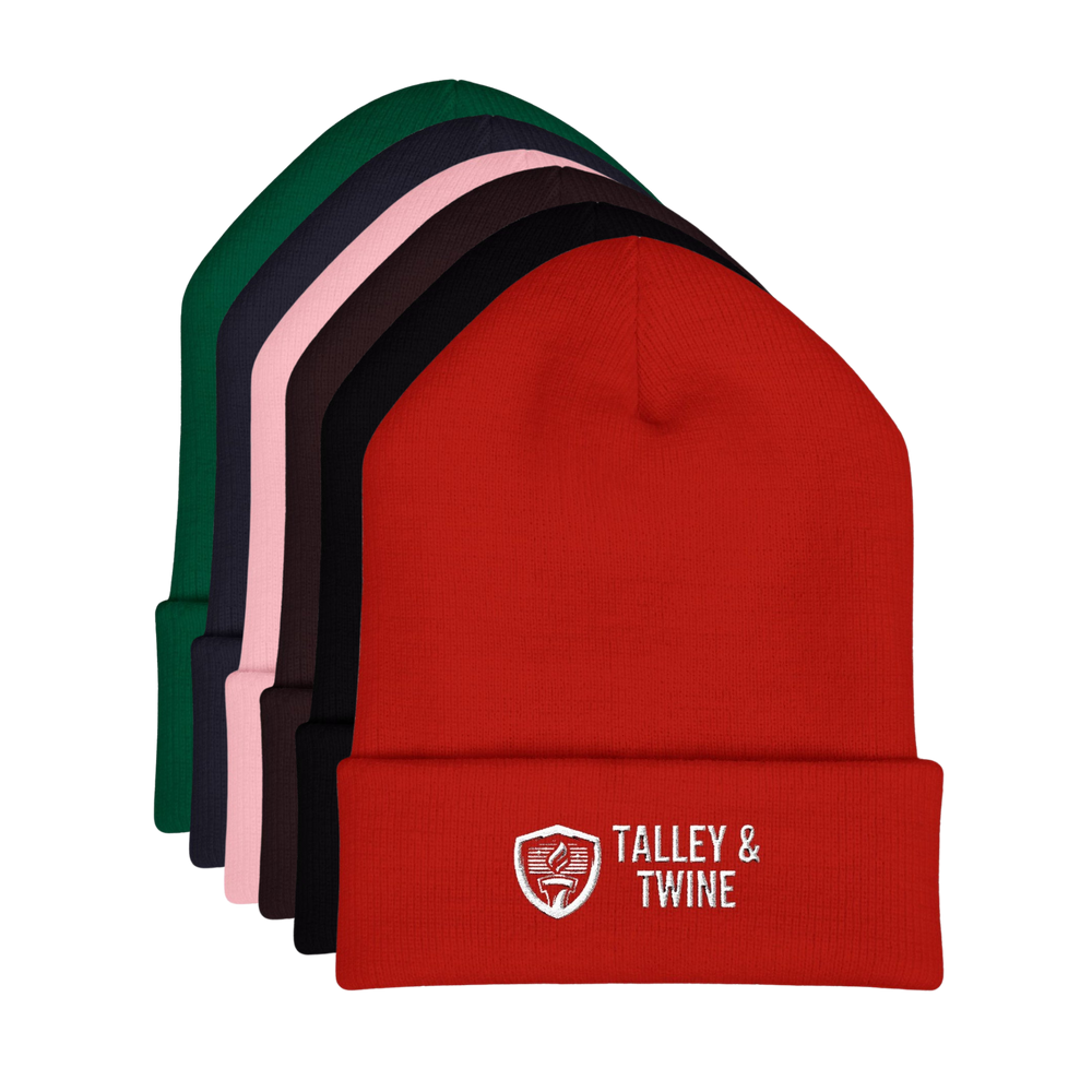 Talley & Twine Embroidered Cuffed Beanie — Classic Black Knit Hat