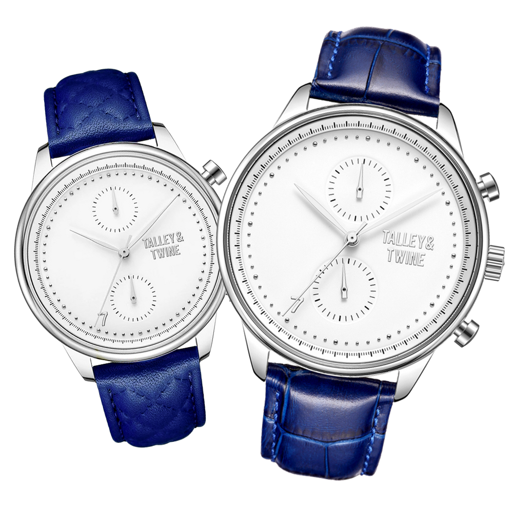 His & Her Gift Set: 46mm + 41mm Silver & White w/ Blue Leather Band