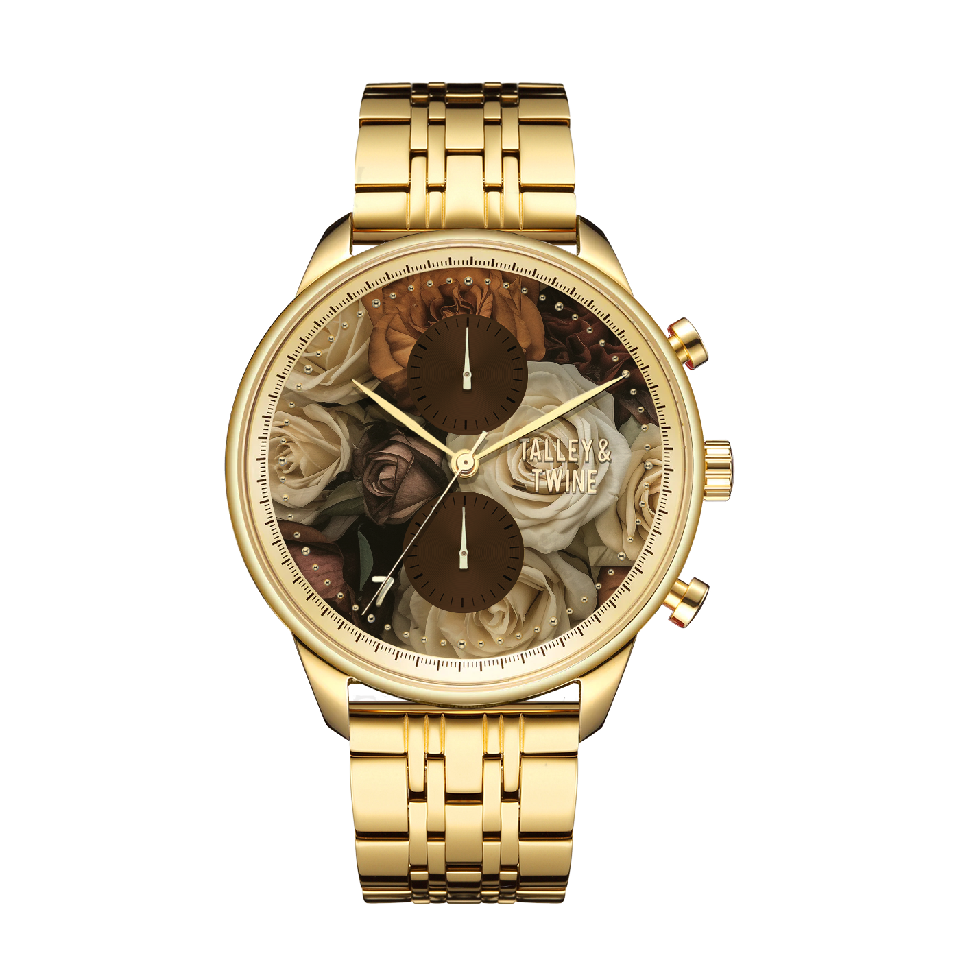 Mahogany Rose M watch features a gold-tone metal band and floral dial with roses and leaves, displaying intricate details.