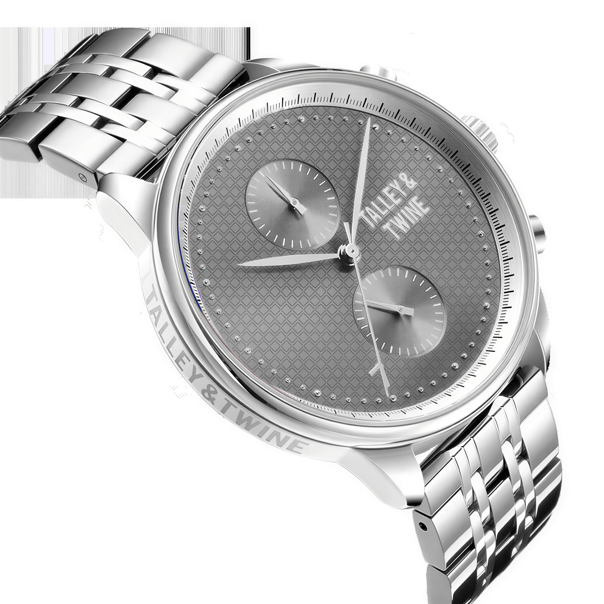 Grey Diamond M watch with a silver stainless steel band and textured grey dial featuring two subdials.