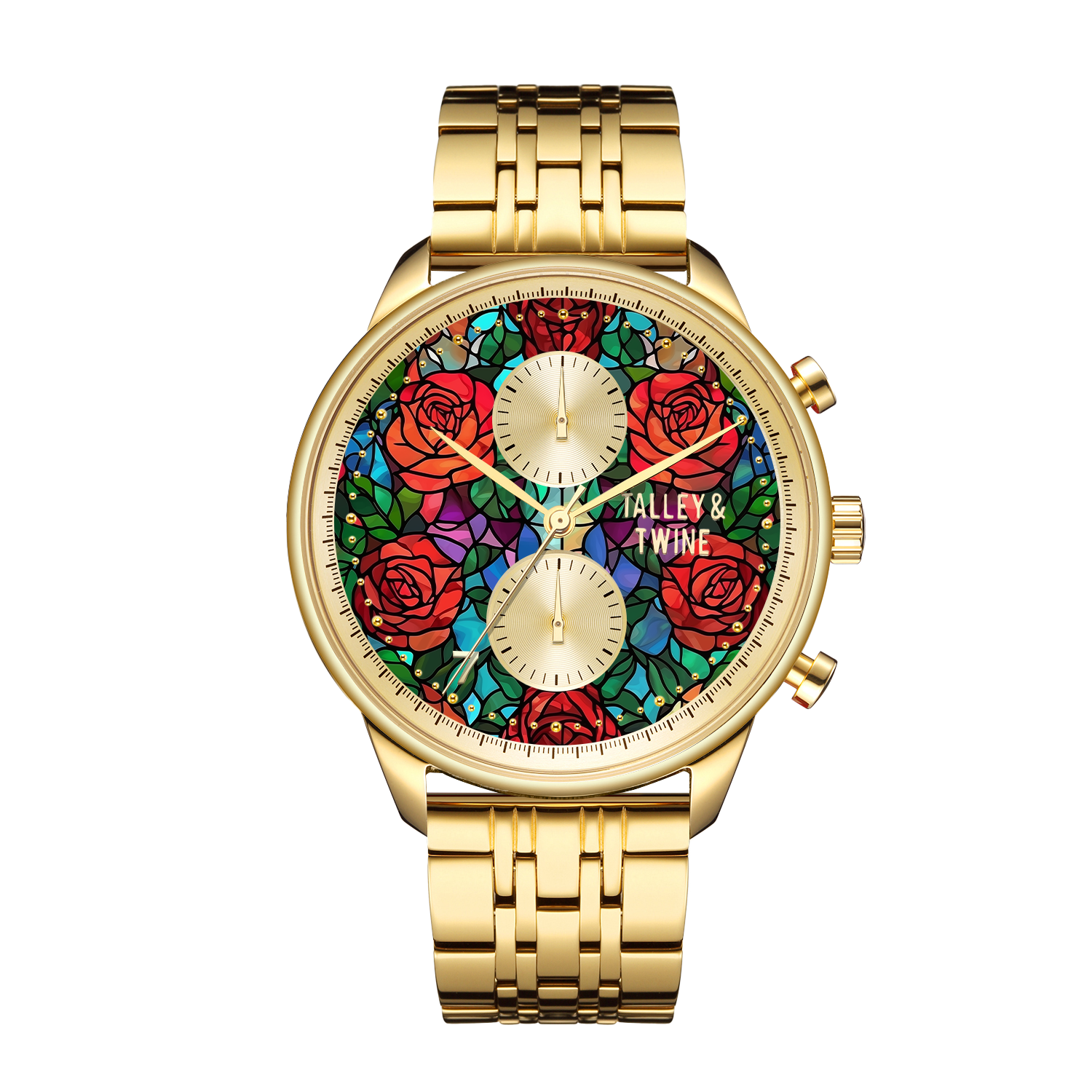 Stained glass watch with a gold bracelet, featuring colorful rose patterns on the dial and two chronograph subdials.