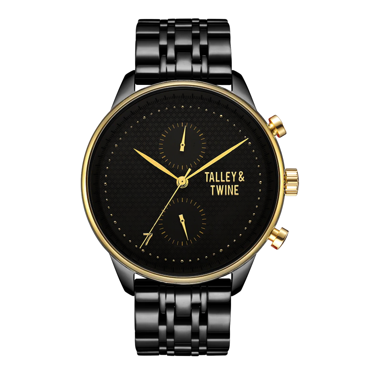 Pharaoh watch featuring a black dial, gold accents, and a black metal bracelet on a red background.