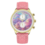 Pink unicorn watch with a gold case, pastel cloud dial, and pink quilted leather strap.