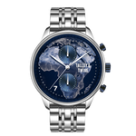 Talley & Twine Origins watch with a stainless steel band, blue globe dial featuring Africa, and two sub-dials.