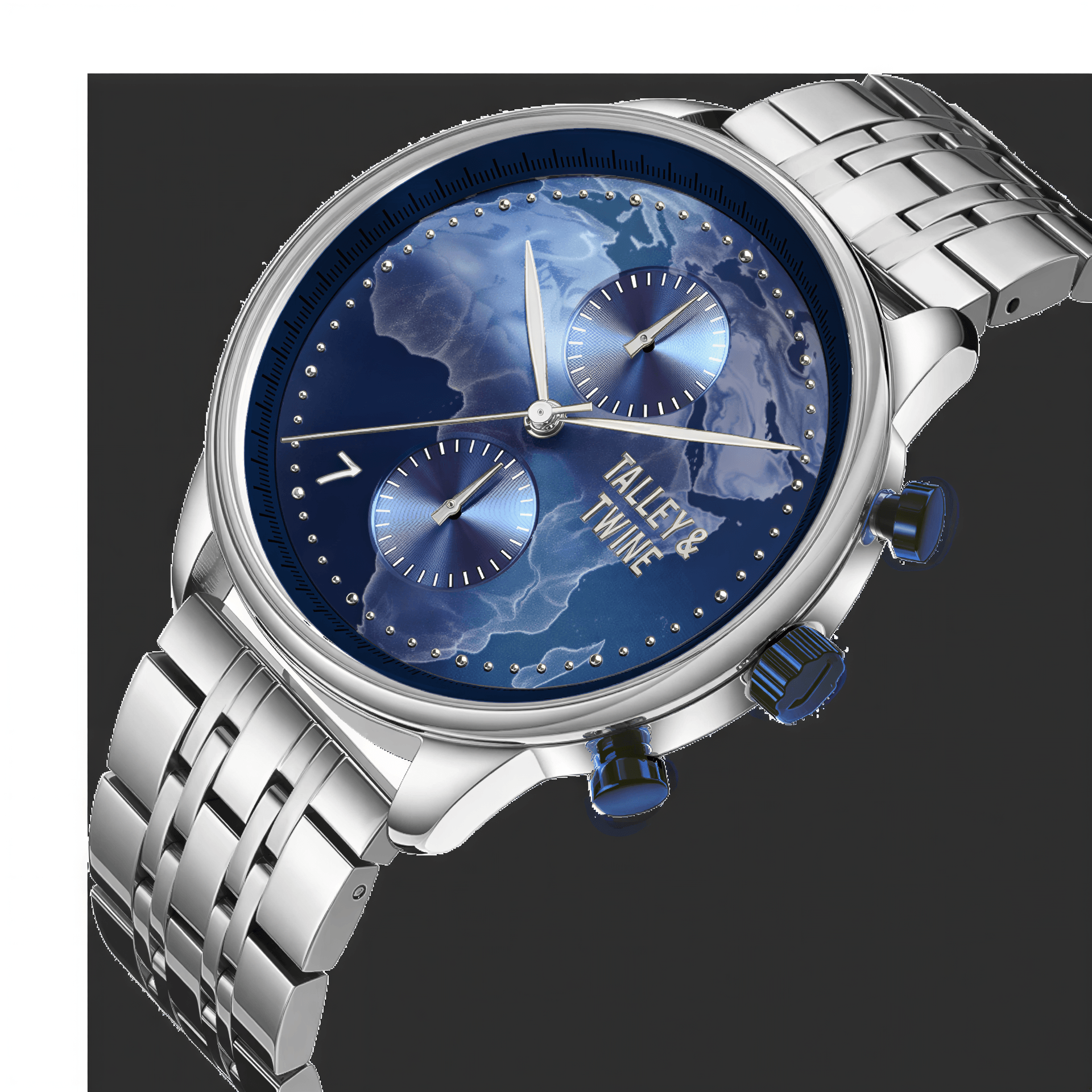 Origins watch with a blue globe dial, silver stainless steel band, and two chronograph subdials.