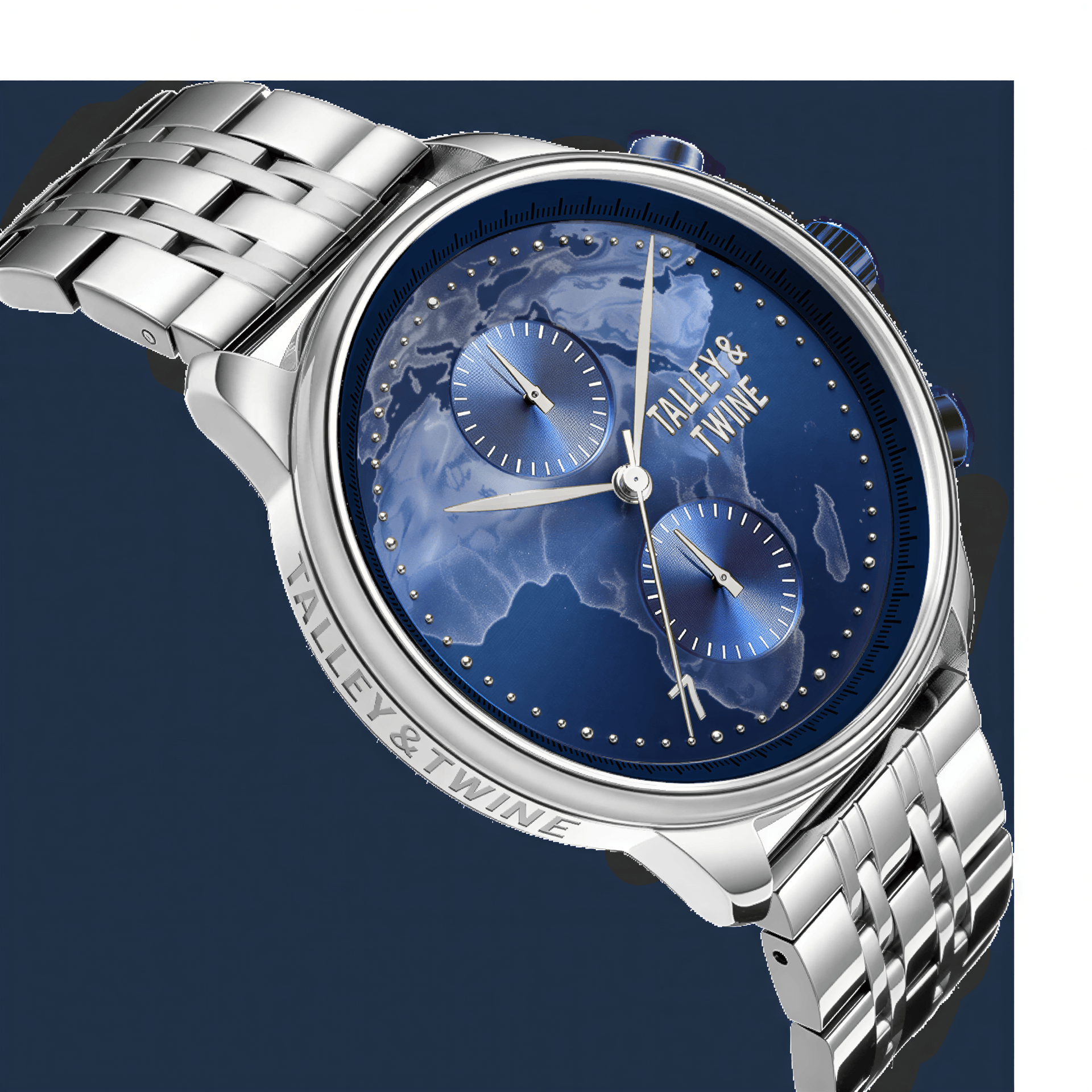 Talley & Twine Origins watch with a blue dial, silver stainless steel band, and dual chronograph subdials.