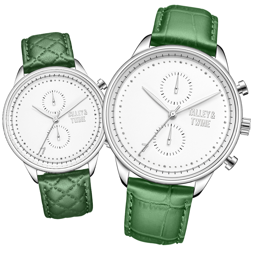 His & Her Gift Set: 46mm + 41mm Silver & White w/ Green Leather Band