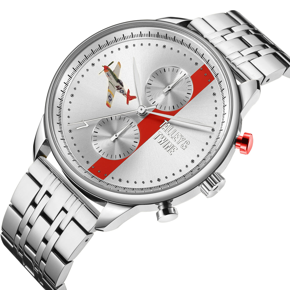 Silver watch with a red and silver dial, featuring a Tuskegee Airmen Red Tails™ design and stainless steel band.