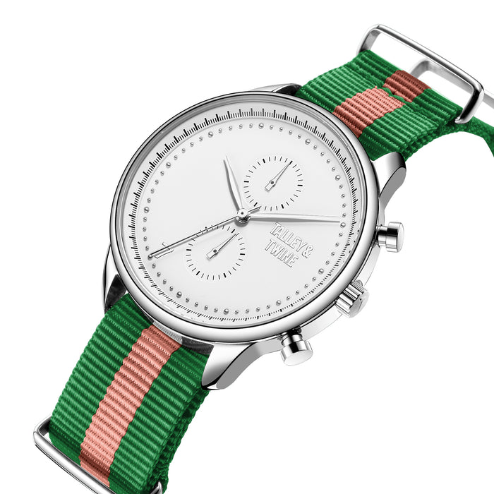 White & Silver Pink & Green Canvas Band Talley & Twine Watch Company