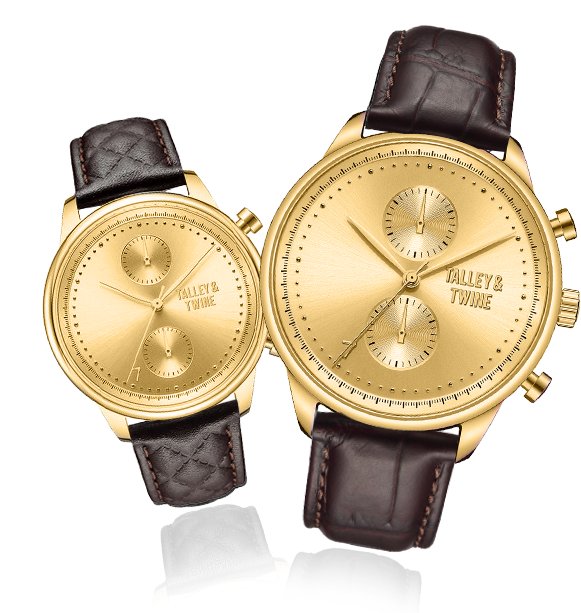 His & Her Gift Set: 46mm + 41mm Gold w/ Dark Brown Leather Band
