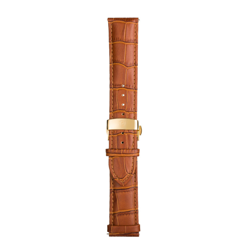 22mm Men's Tan Calfskin Leather Watch Band w/ Gold Accent