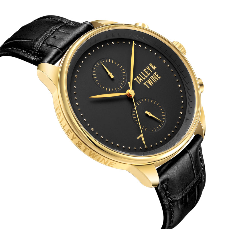 Gold Black Worley Chronograph Watch Black Leather Talley
