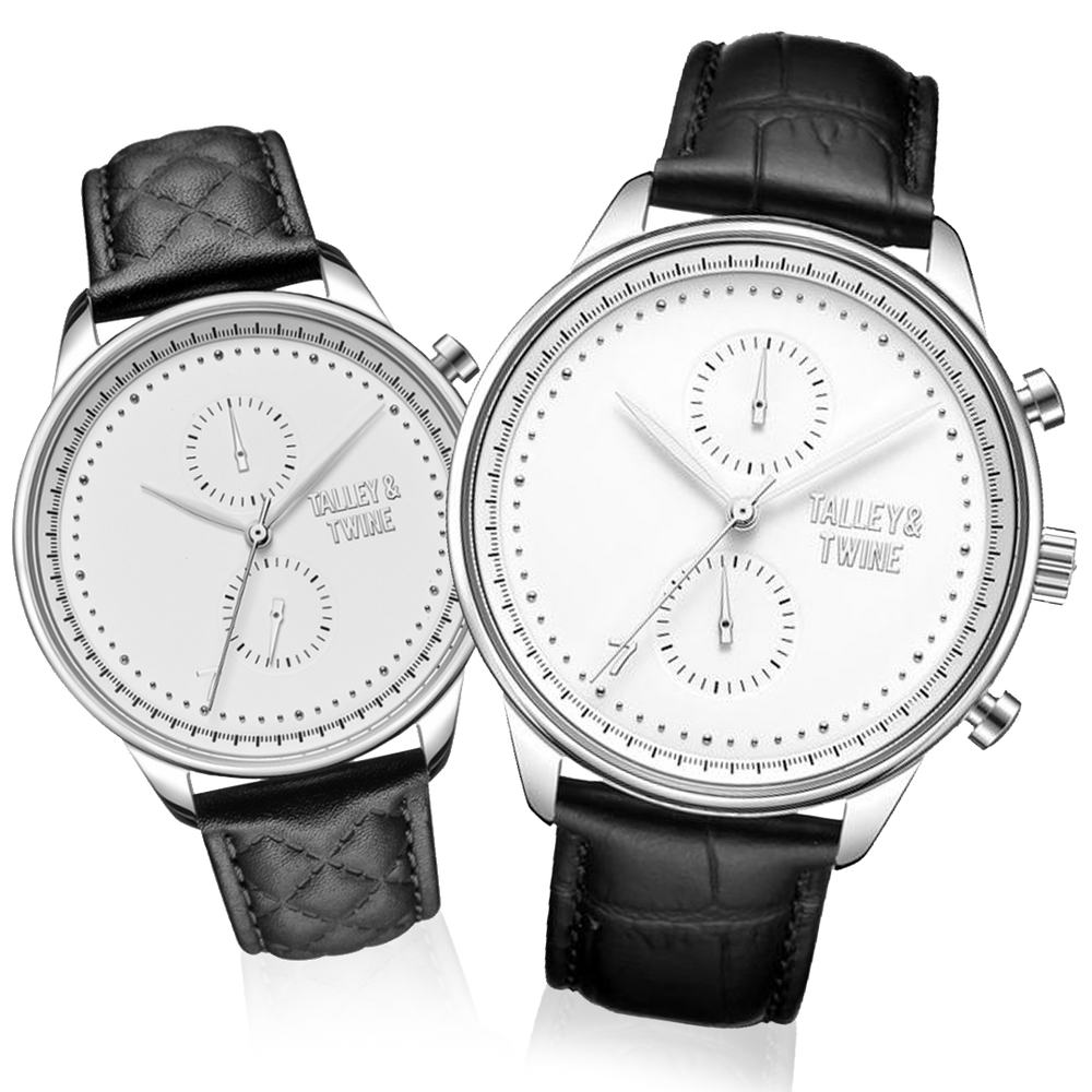 His & Her Gift Set: 46mm + 41mm Silver & White w/ Black Leather Band