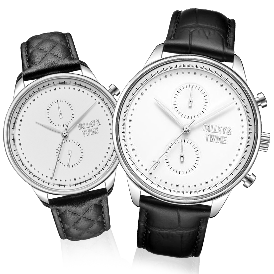 *PRE-ORDER ONLY! SHIPS BY FEBRUARY 29TH* His & Her Gift Set: 46mm + 41mm Silver & White w/ Black Leather Band