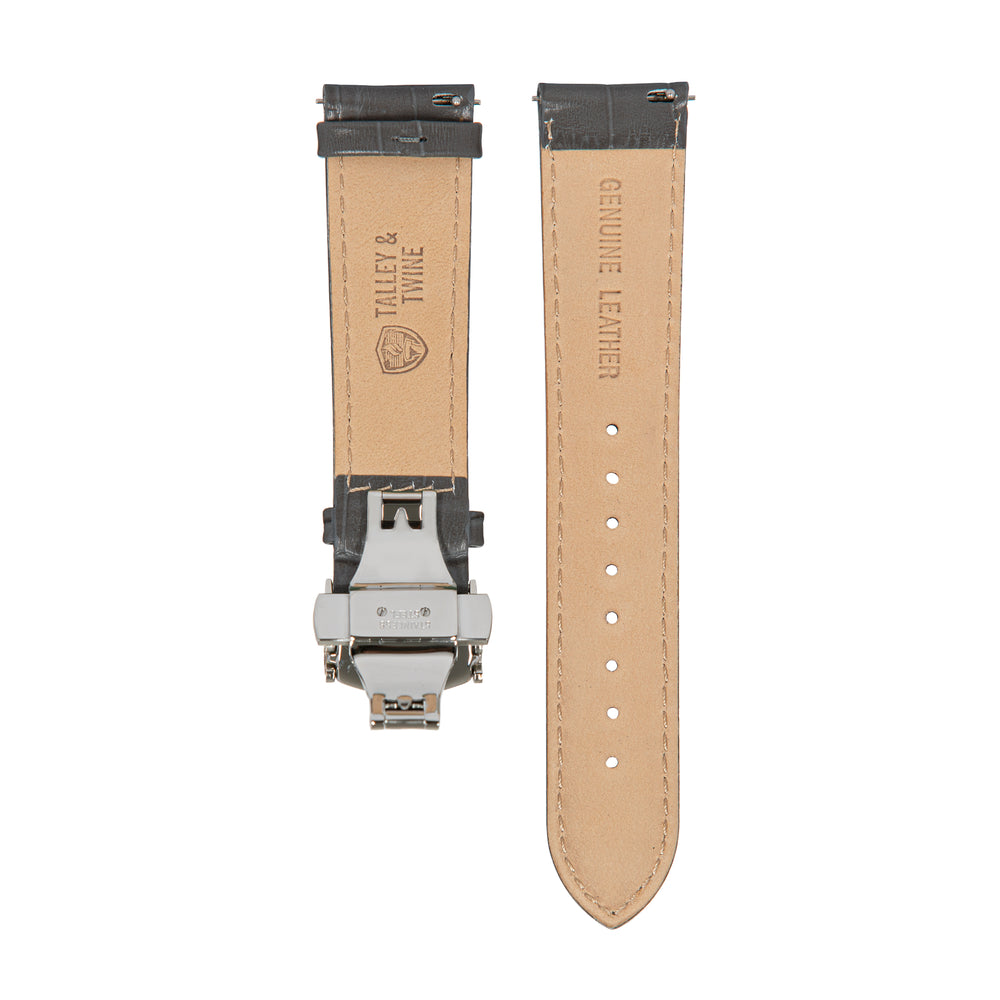 22mm Men's Grey Calfskin Leather Watch Band w/ Silver Accent